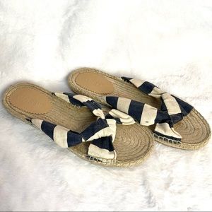 J. Crew Blue Tan Striped Cloth Summer Sandal Slide On Shoe